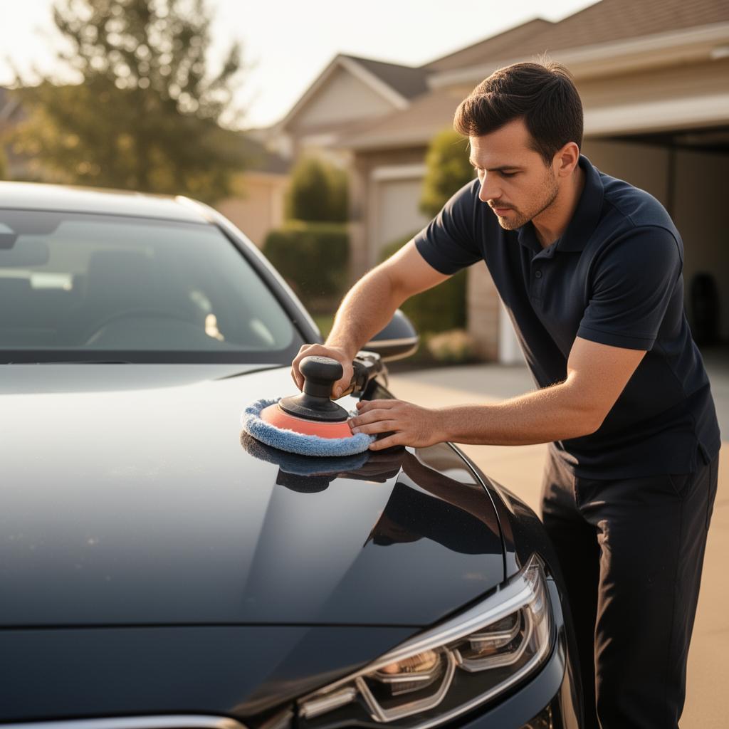 Mobile car detailer polishing a sedan hood